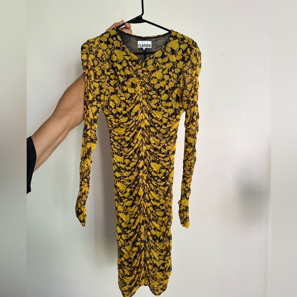 GANNI Printed Mesh Mini Dress in Spectra Yellow - Picture 3 of 4